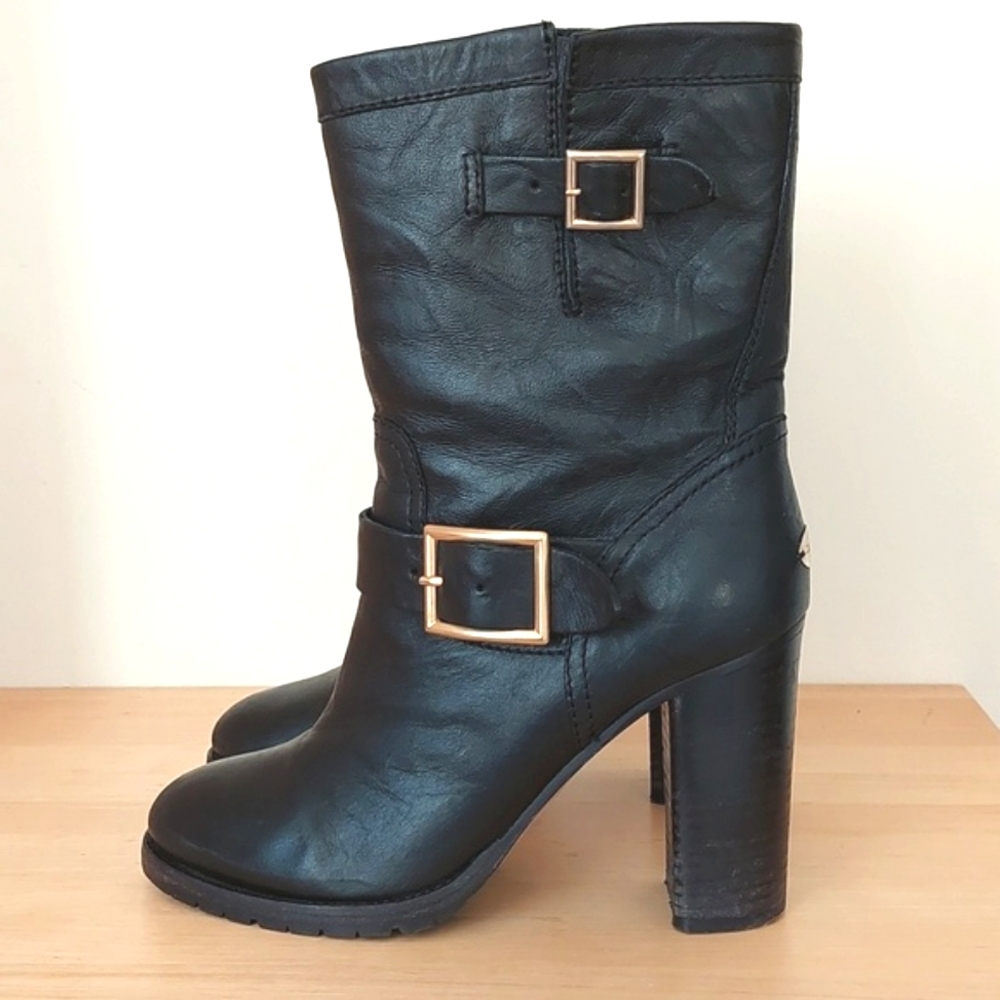 Jimmy Choo Black Ankle Boots with Gold Buckles